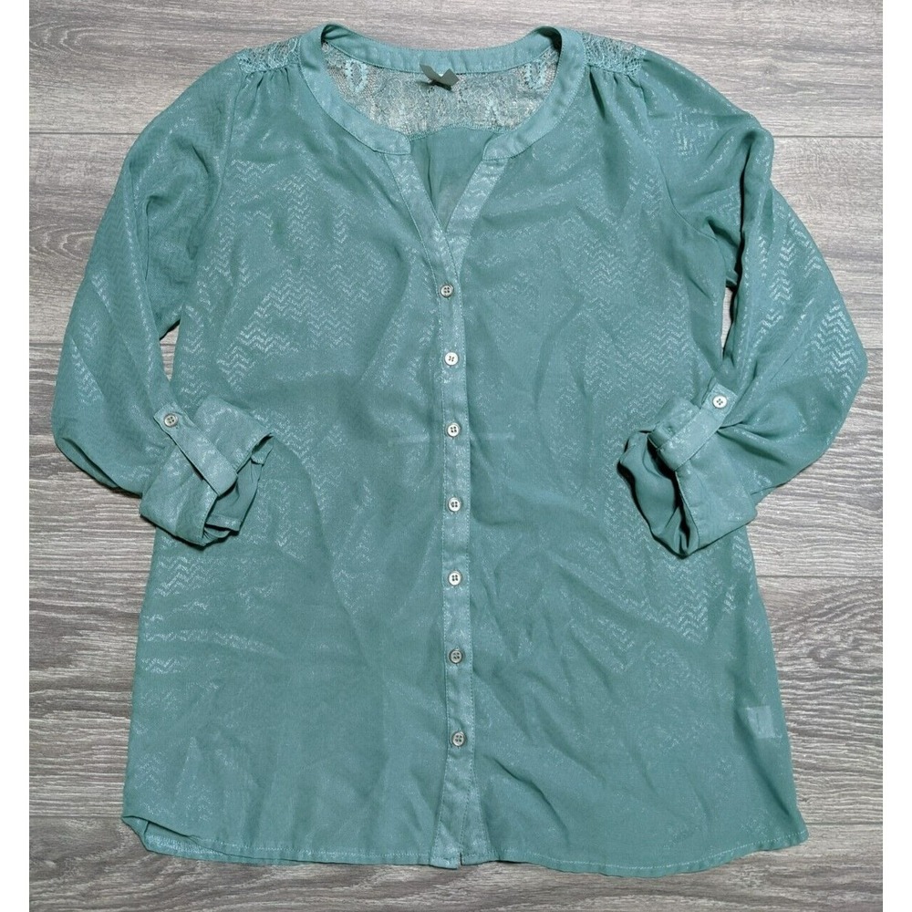 Vanity Blouse Adult Medium Sea Green Chevron Sheer Lace Roll Tab Womens